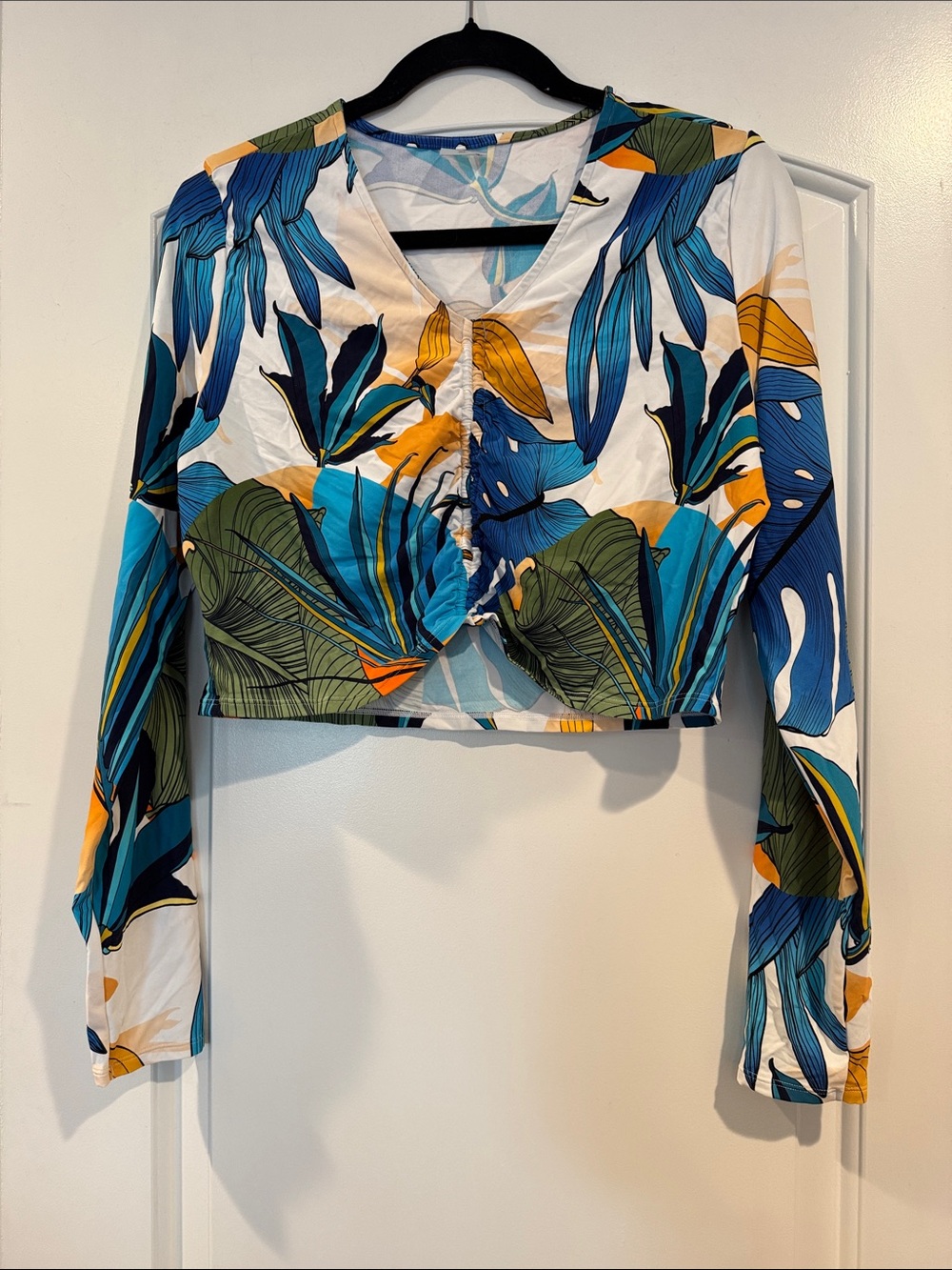 Alia Tropical Ruched Crop Top - Blue, Green & Yellow